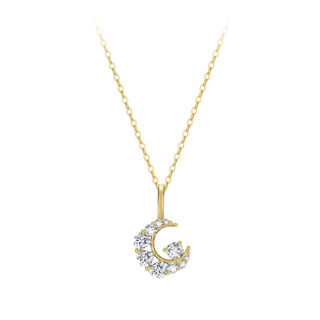 925 Sterling Silver Elegant Gold CZ Crescent Moon Pendant Necklace