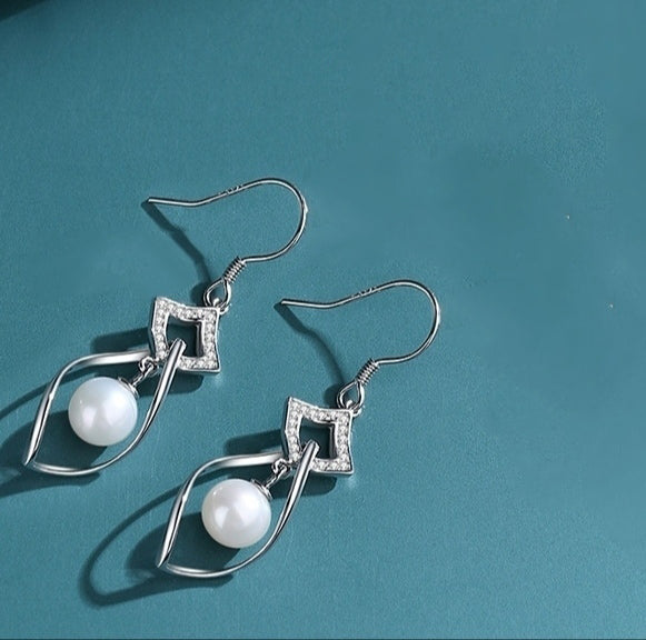 1 Pair 999 Sterling Silver Zircon Rhombus Twist Pearl Drop Earrings, Elegant & Slimming, Perfect For Daily, Party & Dating, Ideal Valentine's Gift