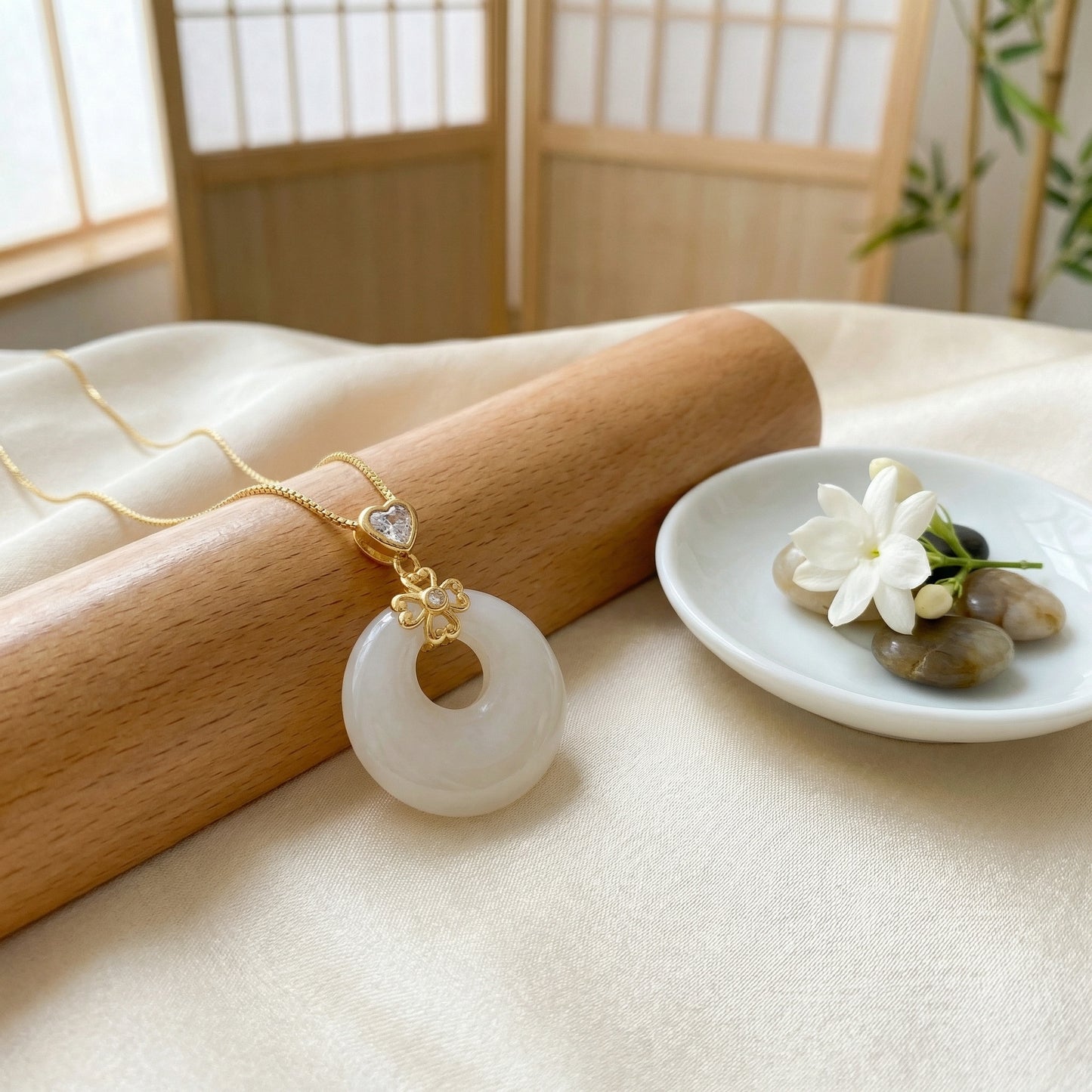 925 Sterling Silver Elegant Heart and Flower White Jade Donut Pendant Necklace with Sparkling Accents