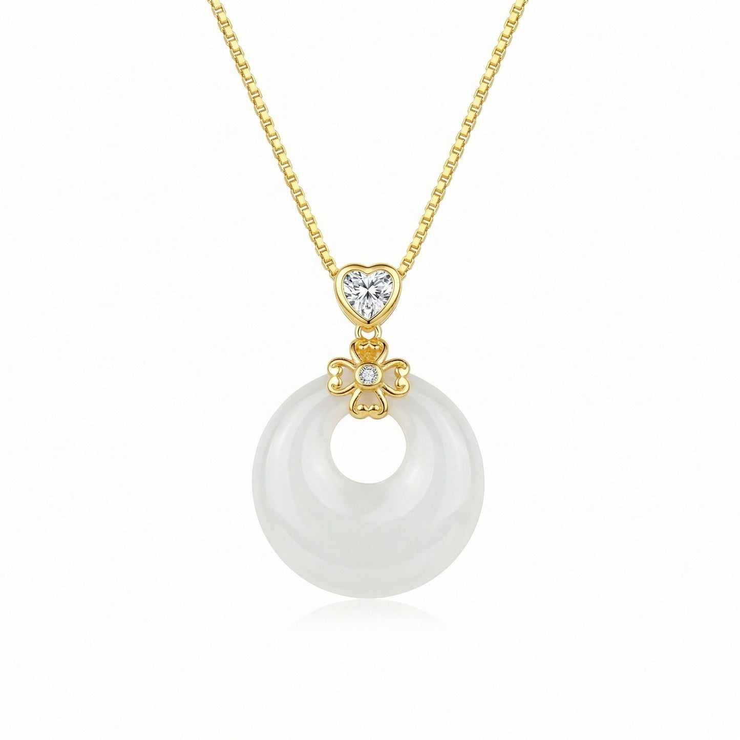 925 Sterling Silver Elegant Heart and Flower White Jade Donut Pendant Necklace with Sparkling Accents