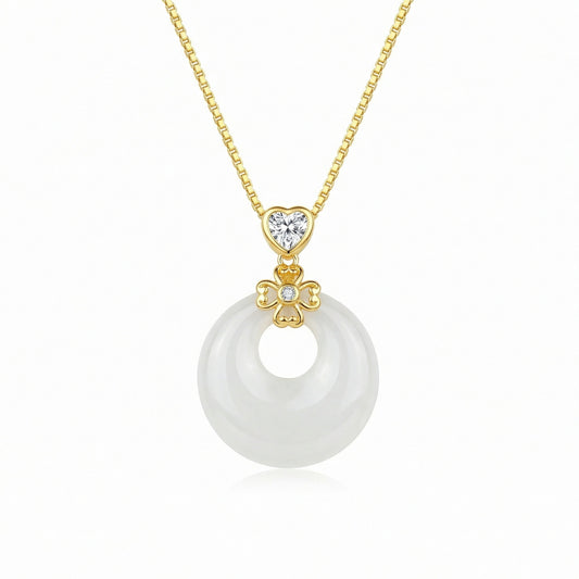 925 Sterling Silver Elegant Heart and Flower White Jade Donut Pendant Necklace with Sparkling Accents