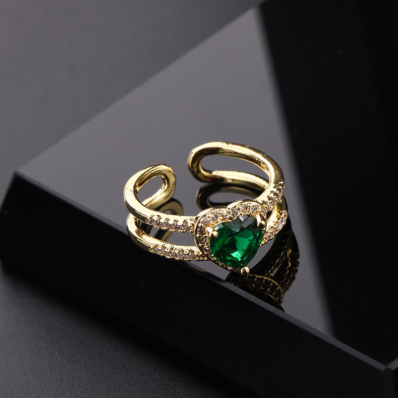 Niche Design Vintage Emerald Zircon Ring Women Open Band