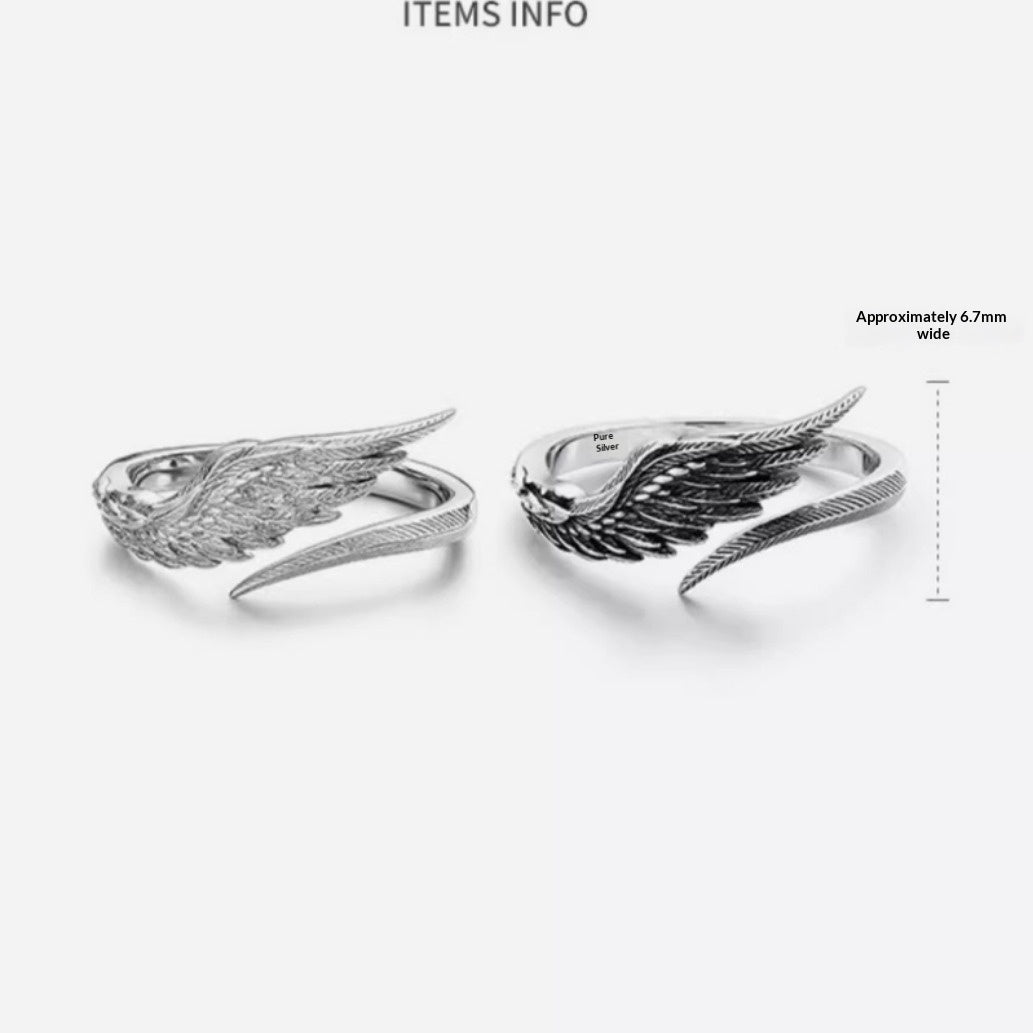 Men’s Sterling Silver Angel Wings Ring – Vintage Plain Statement Jewelry