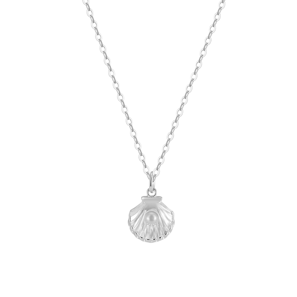 925 Sterling Silver  Scallop Shell Necklace with Pearl Accent
