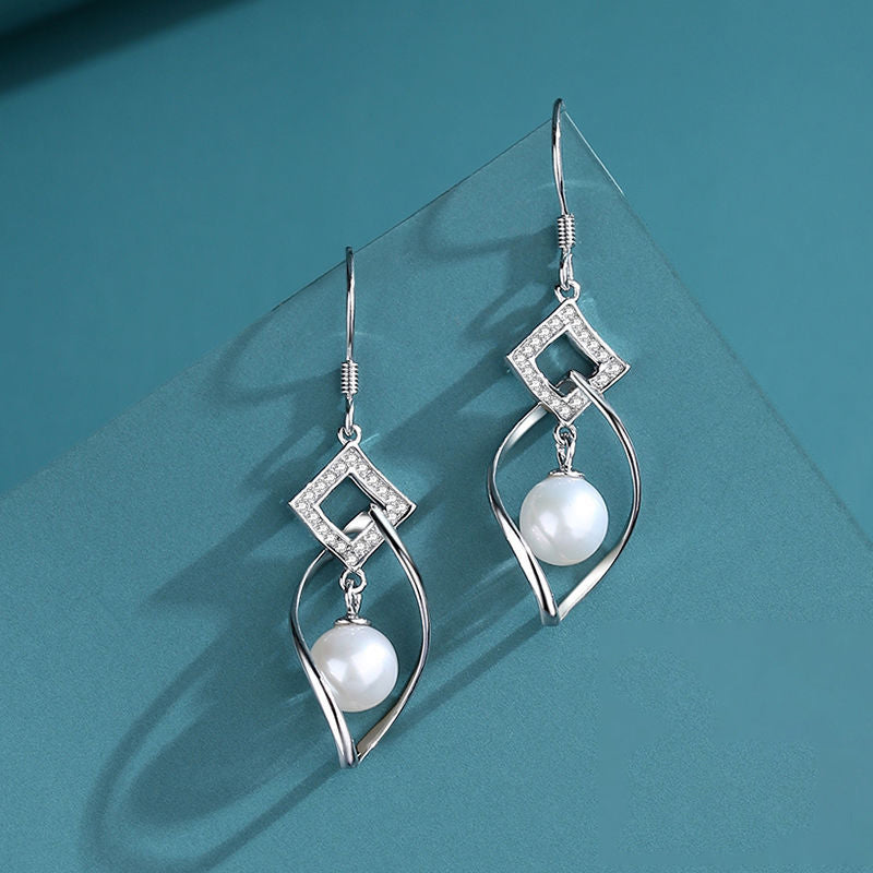 1 Pair 999 Sterling Silver Zircon Rhombus Twist Pearl Drop Earrings, Elegant & Slimming, Perfect For Daily, Party & Dating, Ideal Valentine's Gift