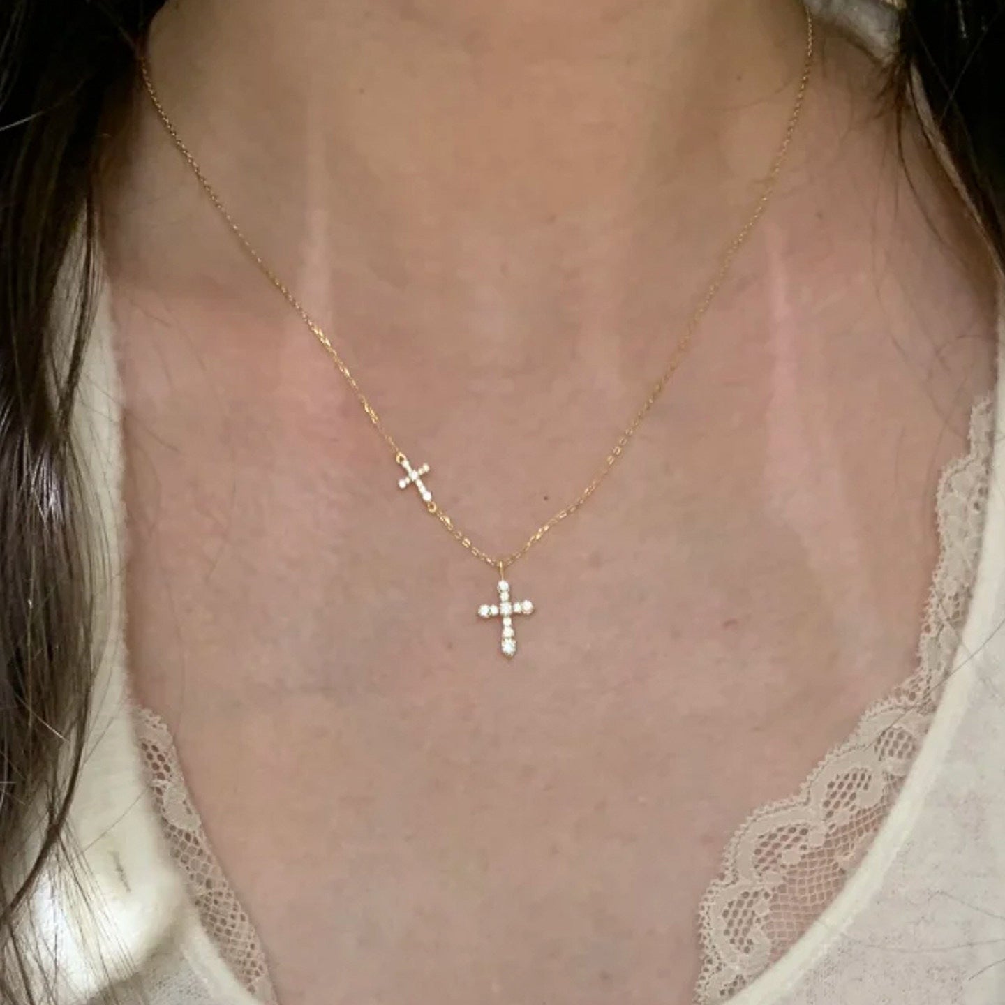 Dainty Double Cross Necklace for Women – Full Diamond-Inspired Zircon Pendant