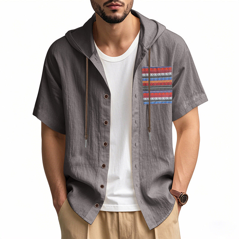 Linen Mens Short-sleeve Lightweight Loose-fitting Hooded T-shirt