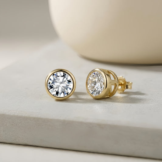 925 Sterling Silver Classic Round CZ Stud Earrings in 14K Gold with Four-Prong Setting