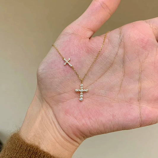 Dainty Double Cross Necklace for Women – Full Diamond-Inspired Zircon Pendant