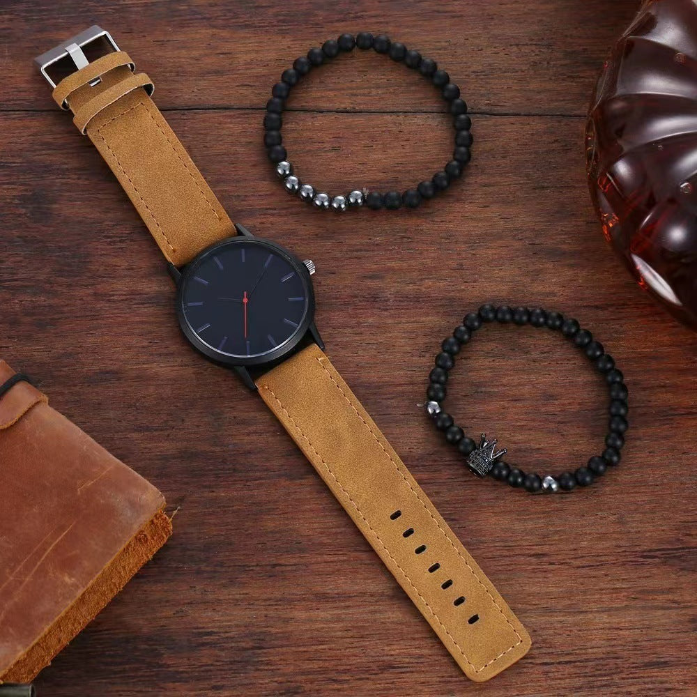 Minimalist Crown Leather Watch for Men – Large Dial Quartz Classic