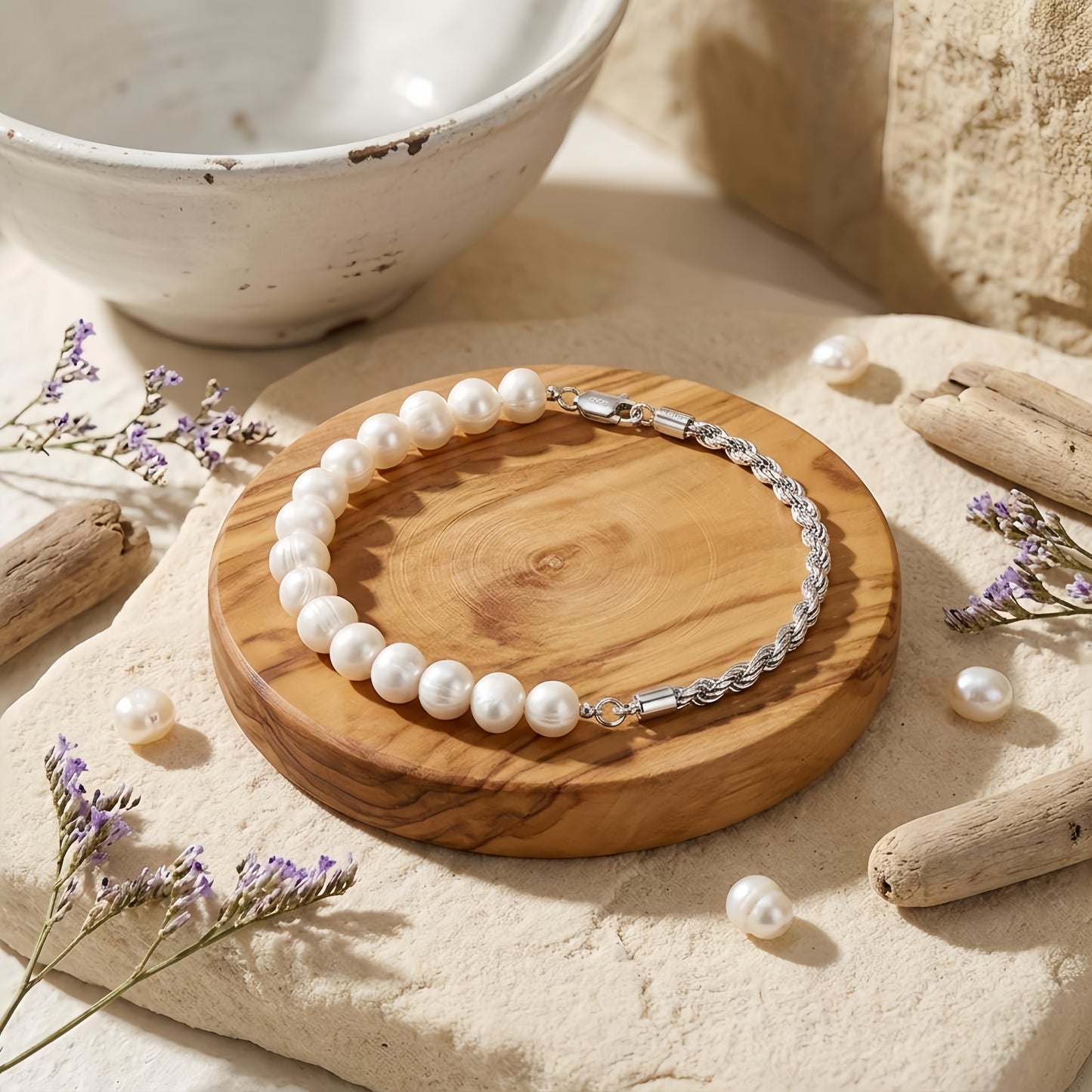 925 Sterling Silver Elegant Pearl Bracelet with Sterling  Chain, Adjustable Clasp, and 14 Lustrous Pearls
