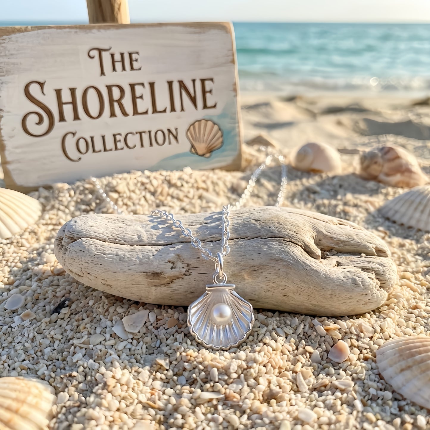 925 Sterling Silver  Scallop Shell Necklace with Pearl Accent