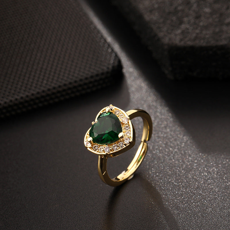 Niche Design Vintage Emerald Zircon Ring Women Open Band