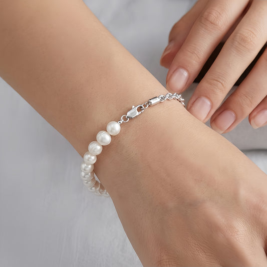 925 Sterling Silver Elegant Pearl Bracelet with Sterling  Chain, Adjustable Clasp, and 14 Lustrous Pearls