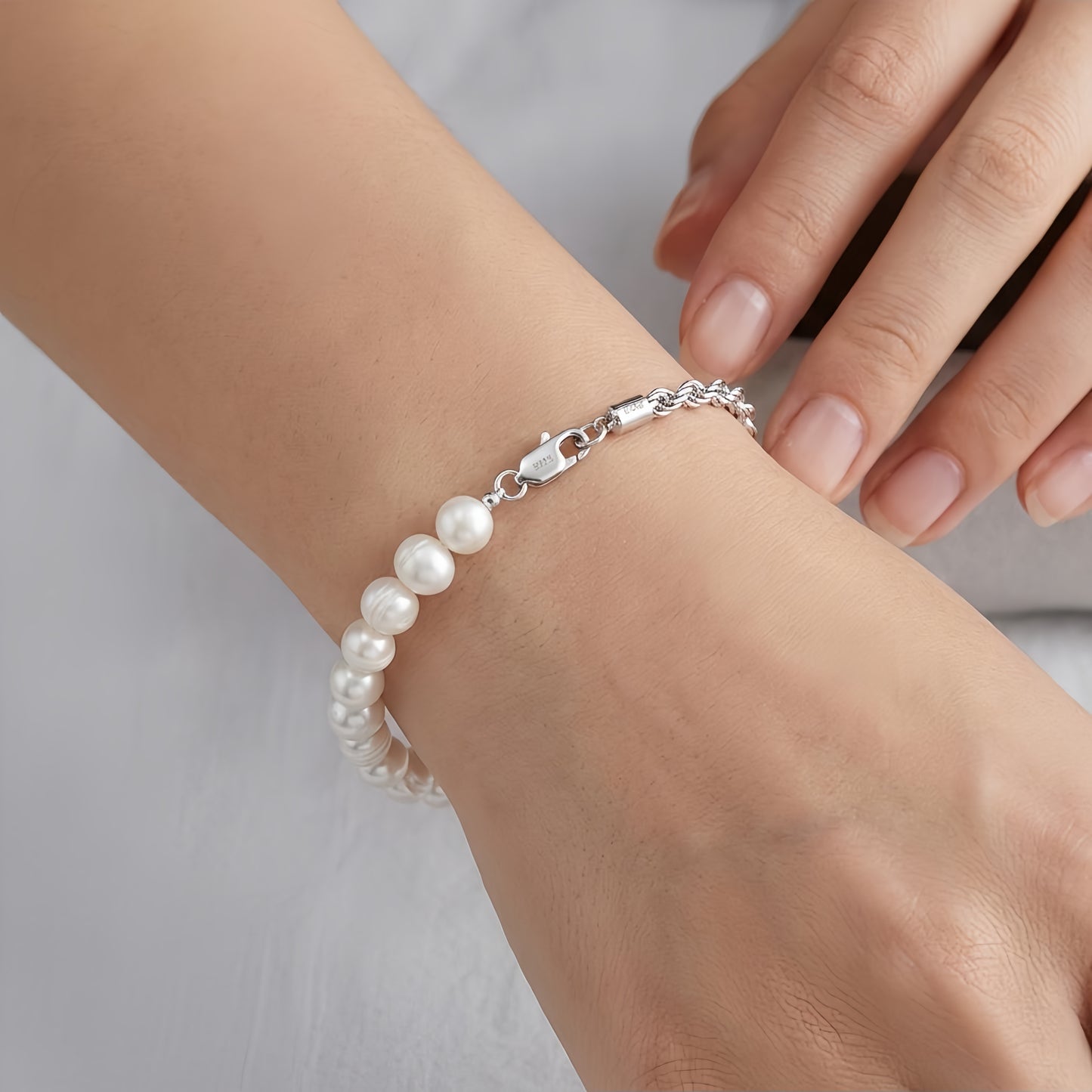 925 Sterling Silver Elegant Pearl Bracelet with Sterling  Chain, Adjustable Clasp, and 14 Lustrous Pearls
