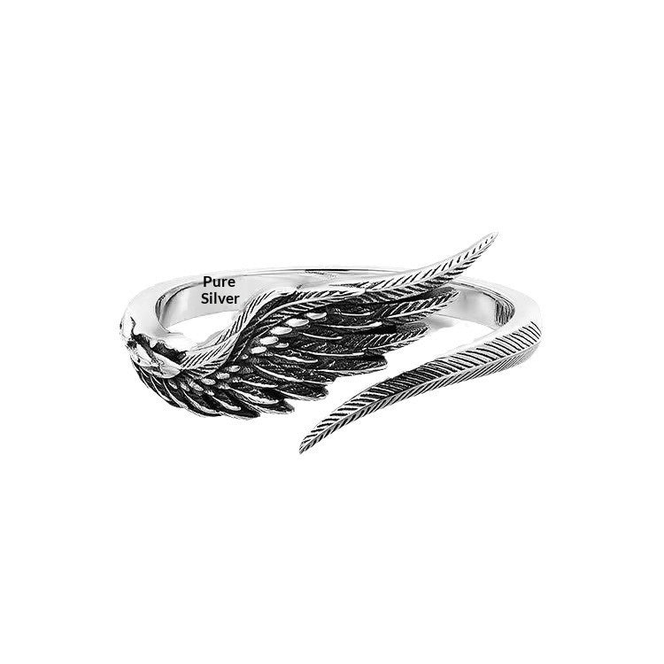 Men’s Sterling Silver Angel Wings Ring – Vintage Plain Statement Jewelry