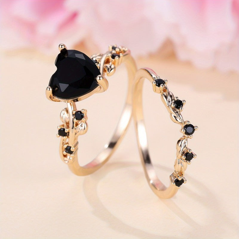 2-Piece New Inlaid Zircon Diamond Heart-shaped Stackable Rings, Retro Minimalist Fashion Rings