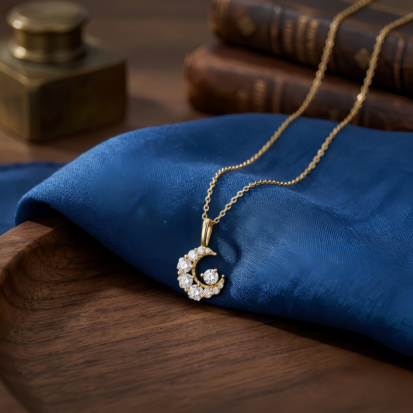 925 Sterling Silver Elegant Gold CZ Crescent Moon Pendant Necklace