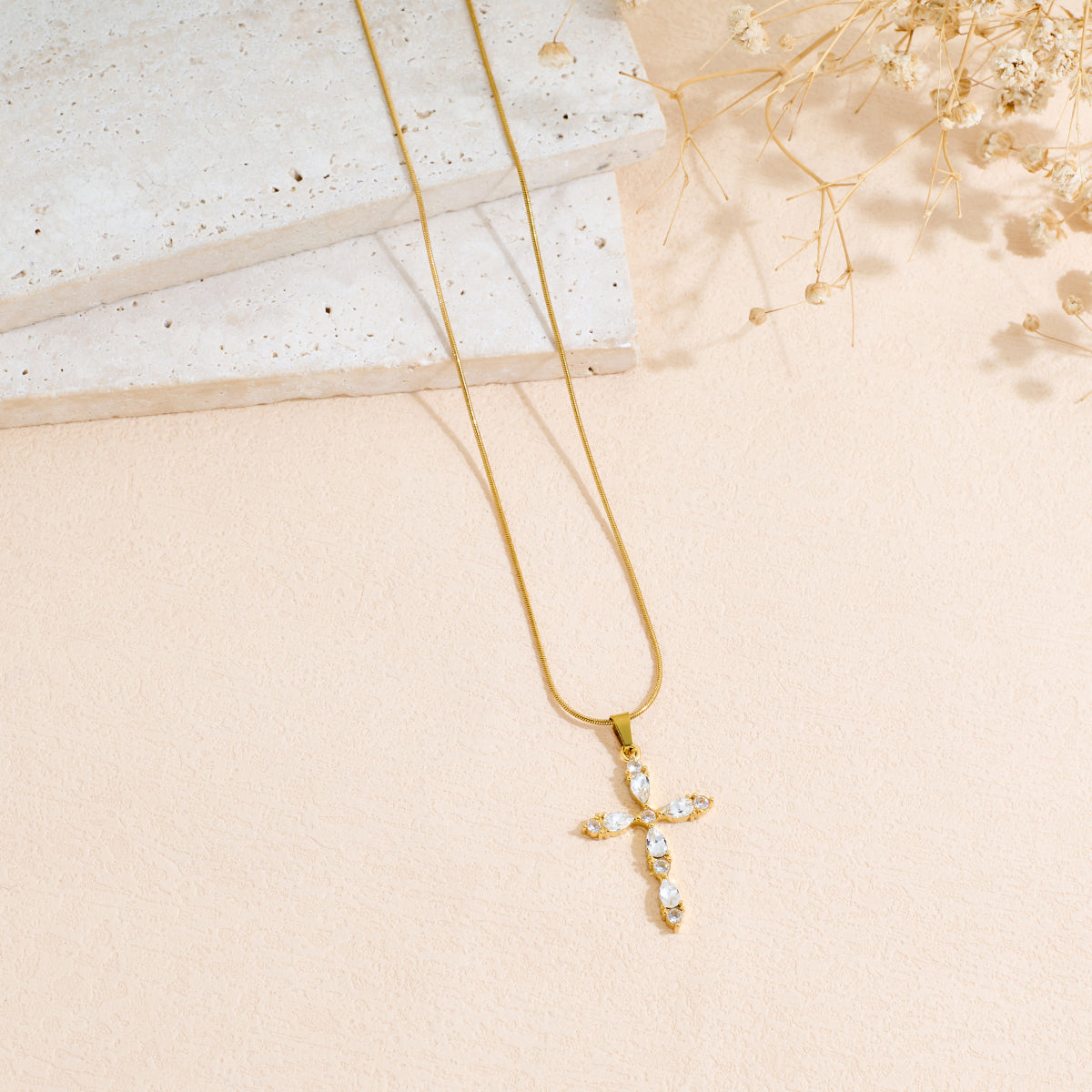 Stainless Steel Cross Pendant Necklace With Colored Zircon Snake Bone Chain
