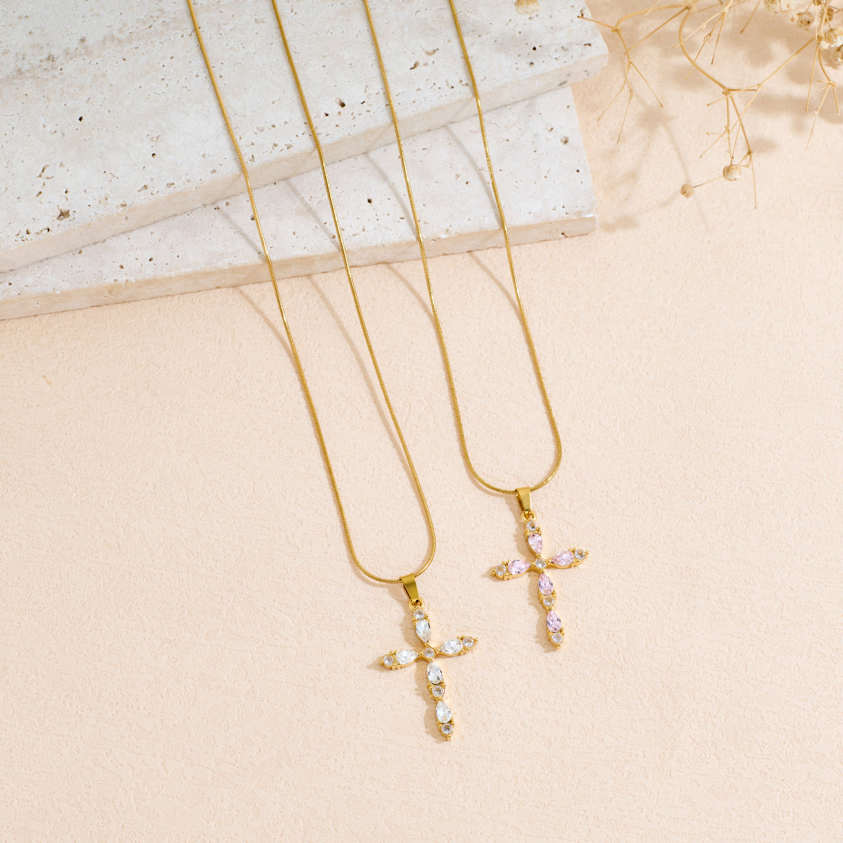 Stainless Steel Cross Pendant Necklace With Colored Zircon Snake Bone Chain