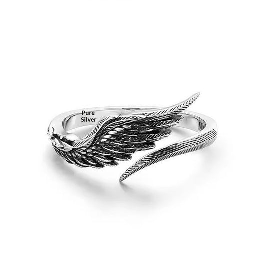Men’s Sterling Silver Angel Wings Ring – Vintage Plain Statement Jewelry