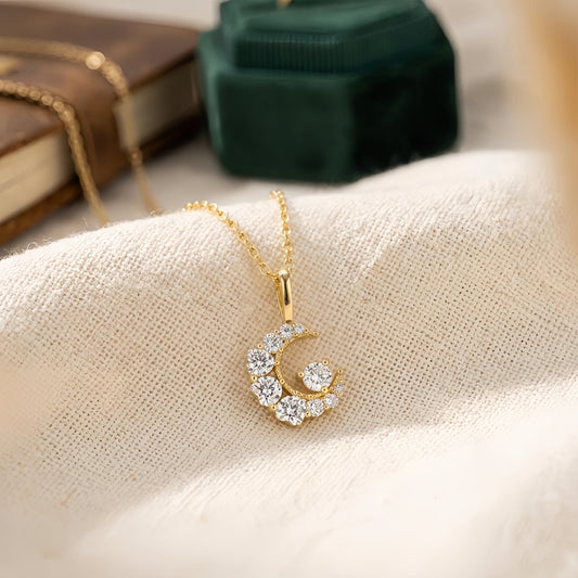 925 Sterling Silver Elegant Gold CZ Crescent Moon Pendant Necklace