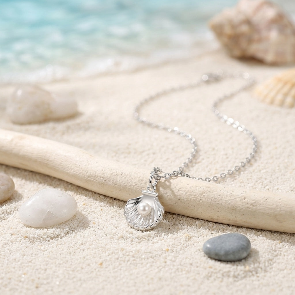 925 Sterling Silver  Scallop Shell Necklace with Pearl Accent