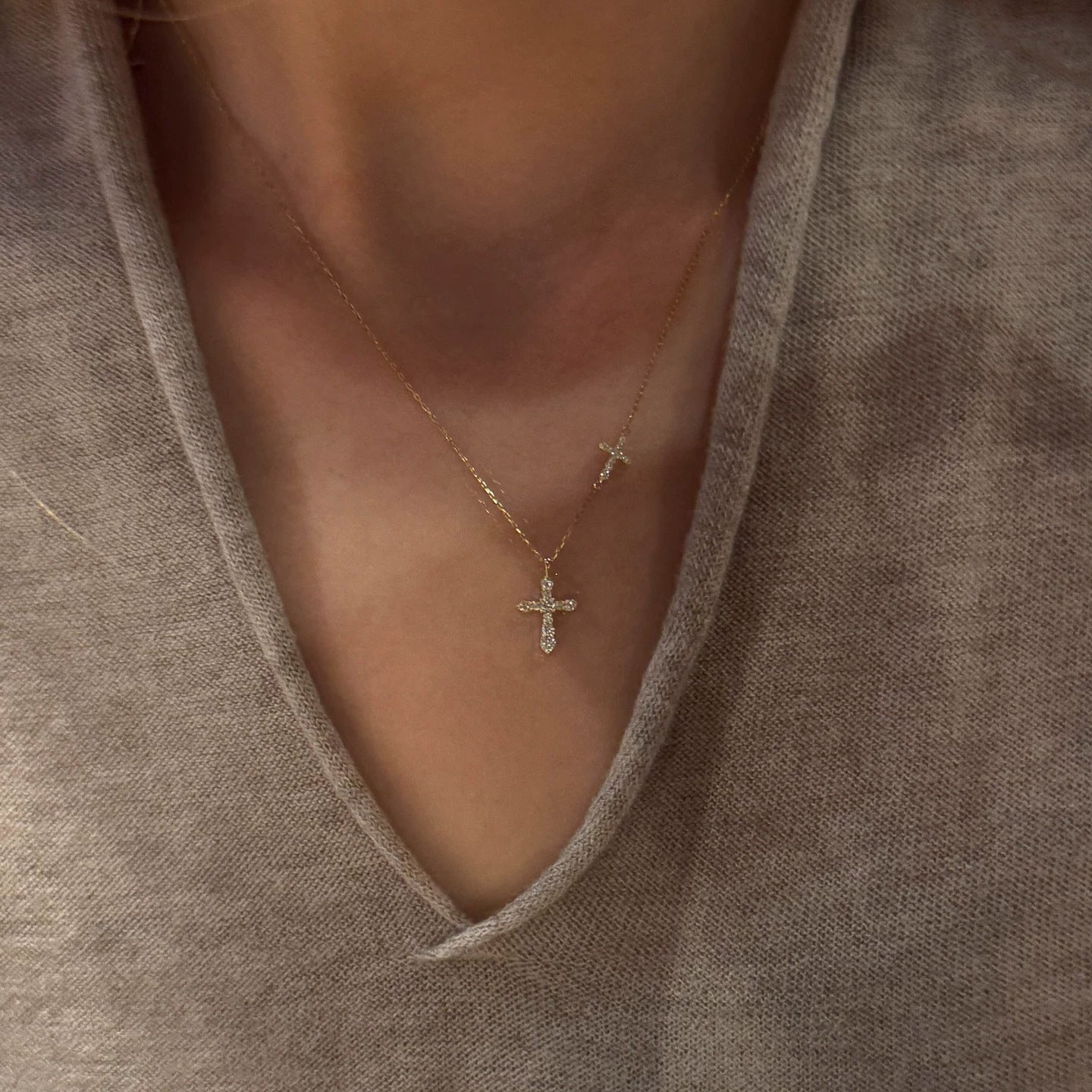 Dainty Double Cross Necklace for Women – Full Diamond-Inspired Zircon Pendant