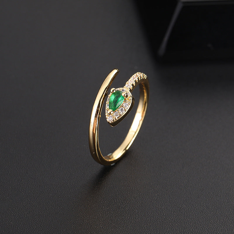 Niche Design Vintage Emerald Zircon Ring Women Open Band