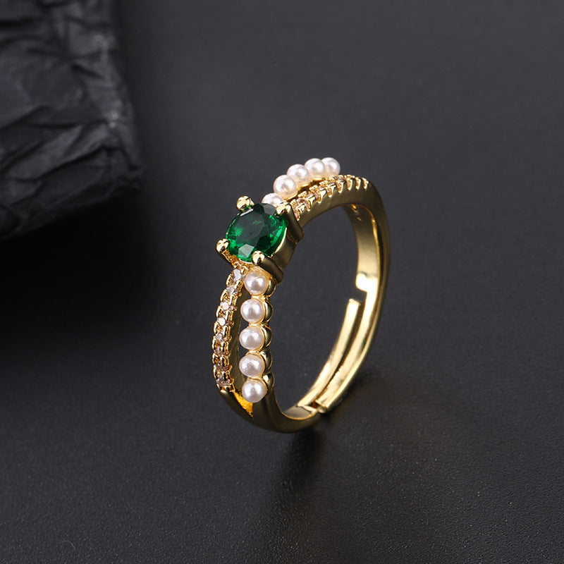 Niche Design Vintage Emerald Zircon Ring Women Open Band
